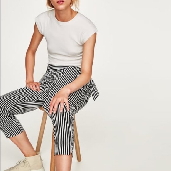 Zara High Waisted Striped Tie Front Poplin Paperbag Pants XS Business Casual - Picture 3 of 12